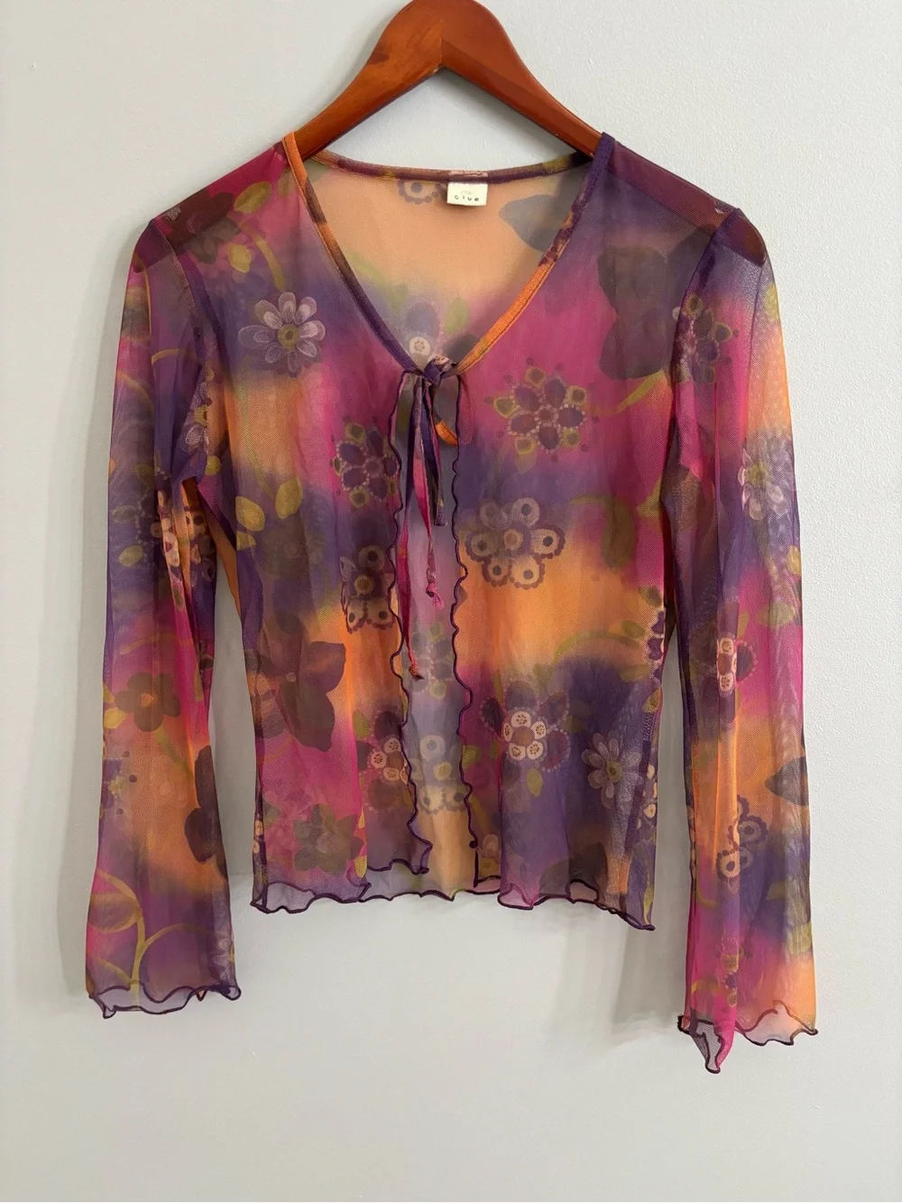 Y2K Sheer Mesh Watercolor Floral Tie Front Cardigan Top S